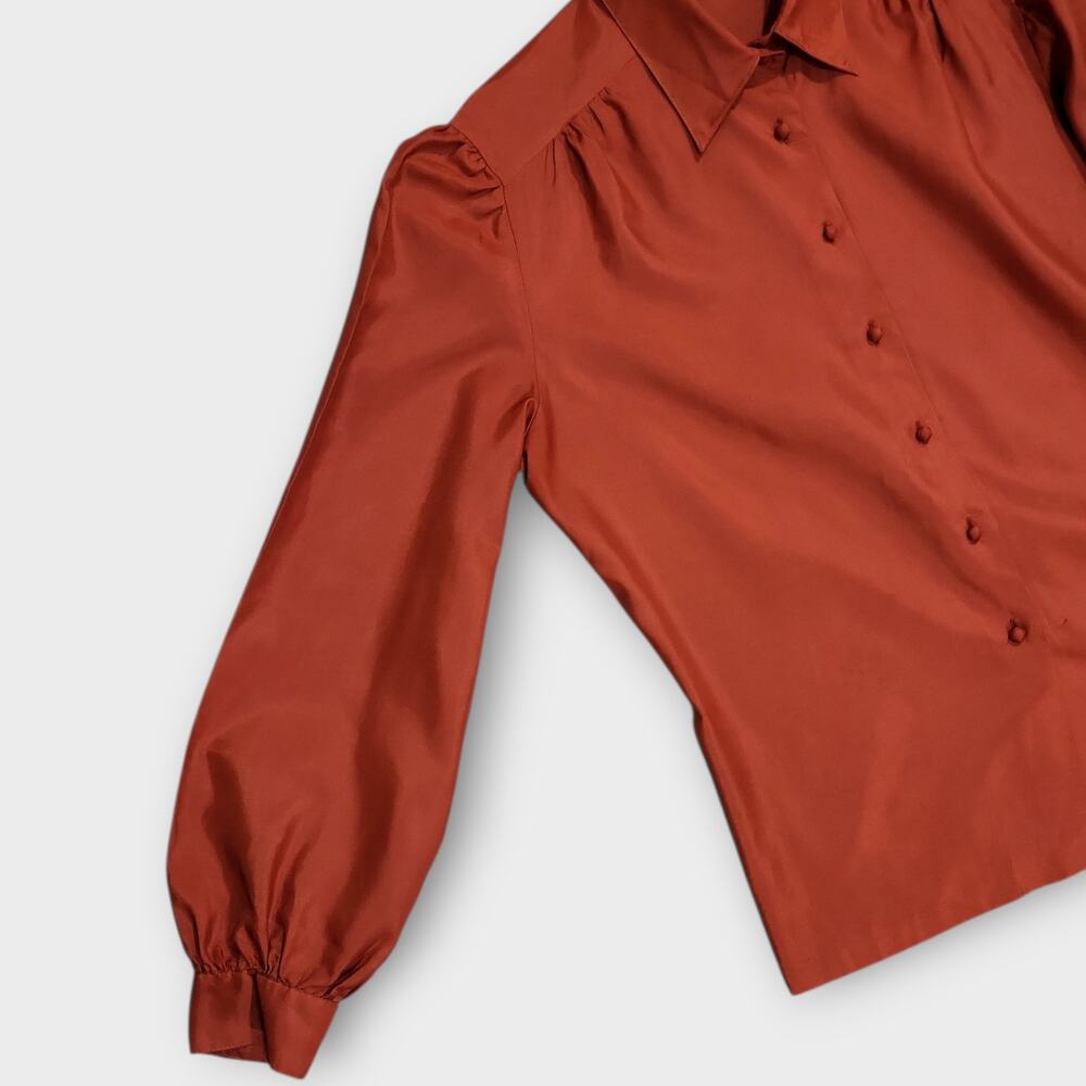 Vintage Blouse Lady Manhattan  Bow Neckline Womens Large Rust Silkhana 80s 90s - Picture 7 of 13